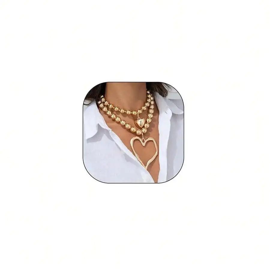 

Многослойное золотистое ожерелье с подвеской в виде полого сердца и цепочками из бусин