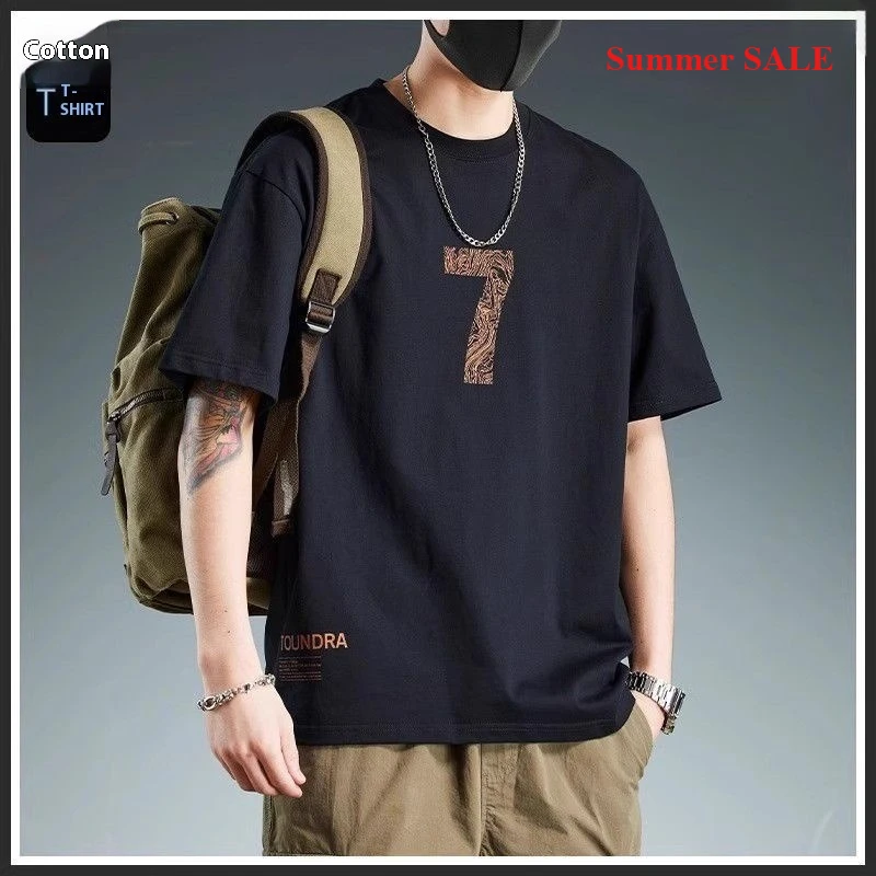 GELITAYIN BIG SALE Summer Printed T-shirt Mens Simple Number Letter O-Collar 100% Cotton Casual T-shirt High Street Heavyweight