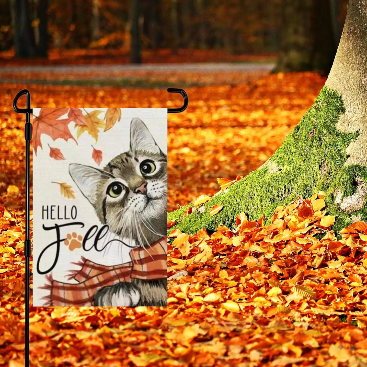 Fall Cat Maple Leaf Garden Flag, Outdoor Patio Lawn Decor, Double sided linen Autumn Cat Scarf Garden Decor flag 12 x 18 inc SSL