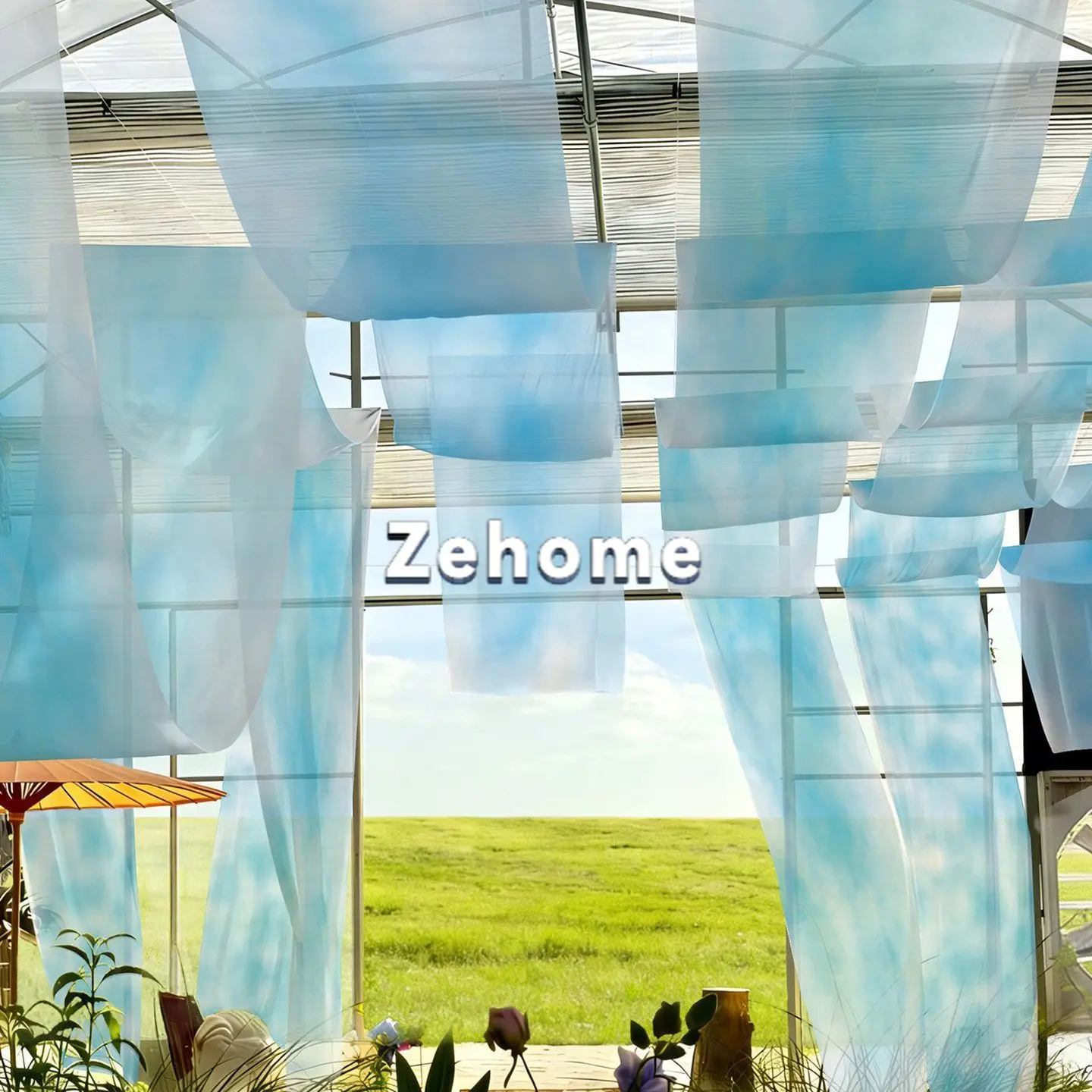 New Chinese semi-permeable gauze mantle blue dopamine scene arrangement hanging cloth wedding bed and breakfast cloth mantle