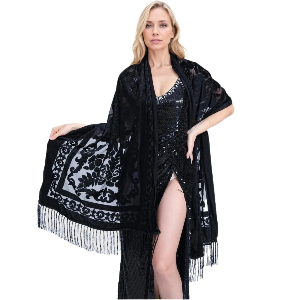 

Китайский платье в этническом стиле, шаль, элегантный дизайн, универсальное использование, длинный шарф с бахромой, край с бахромой, теплый материал, бархатный шарф