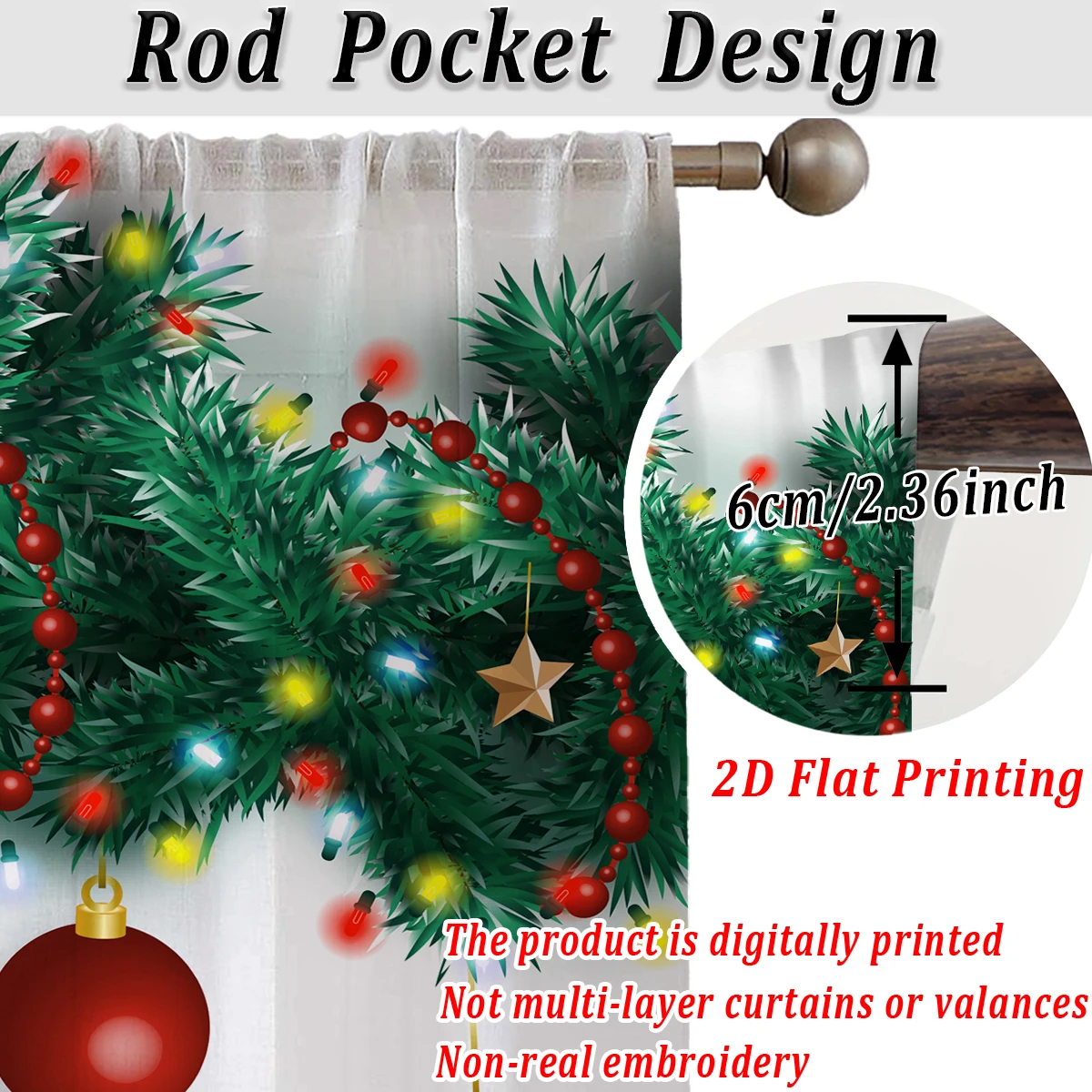 Tenda velata con stampa piatta natalizia con palla di Natale, ornamento a stella, ramo di pino per decorazioni per la camera da letto del soggiorno, feste