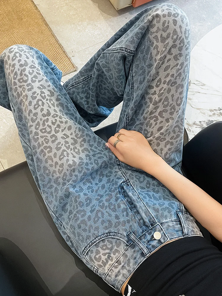 Vintage leopardo impressão jeans feminino cintura alta streetwear casual perna larga calças jeans em linha reta baggy jeans