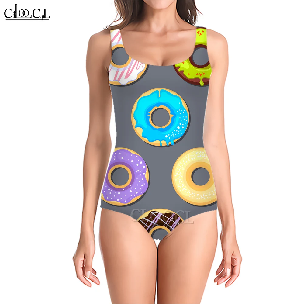 CLOOCL Doughnut Printed Swimsuits Bodysuit Fashion Sportswear Kawaii Style Women One-Piece Suits Women Tight Swimsuit