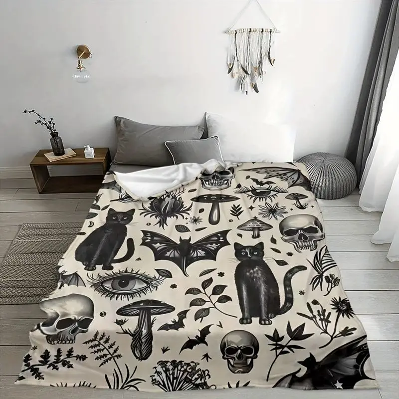 VIKAMA Gothic Black Cat Skull Bat Flannel Throw Blanket Witchy Mushroom All Seeing Eye Print Soft Warm Sofa Bedroom Home Decor