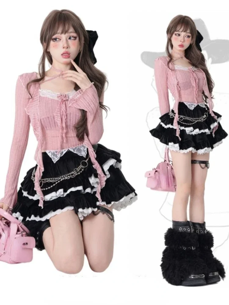 Pink Y2k Korean Two-piece Set Women Flower France Vintage Sweet Skirts Set Female Long Sleeve Blouse + Black Party Mini Skirts