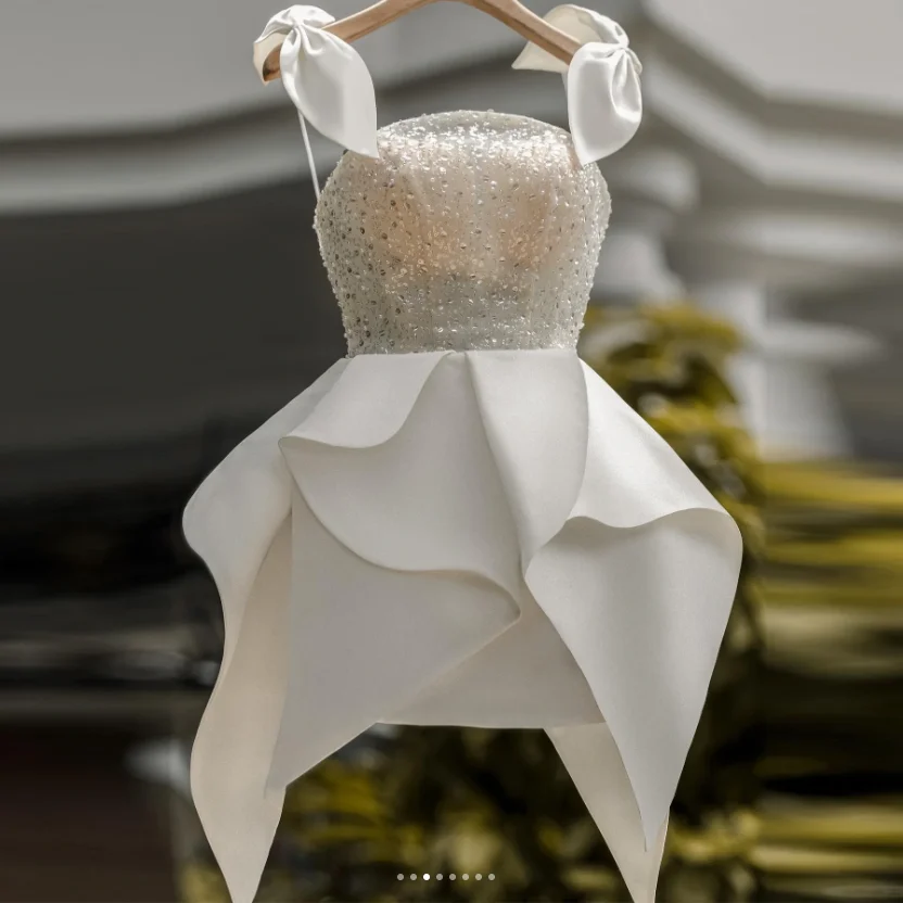 

Off White Floral Dress to Party Sequin Beads Mini Party Dresses Bow New Fashion Woman Clothes Pretty Prom Gowns Spaghetti