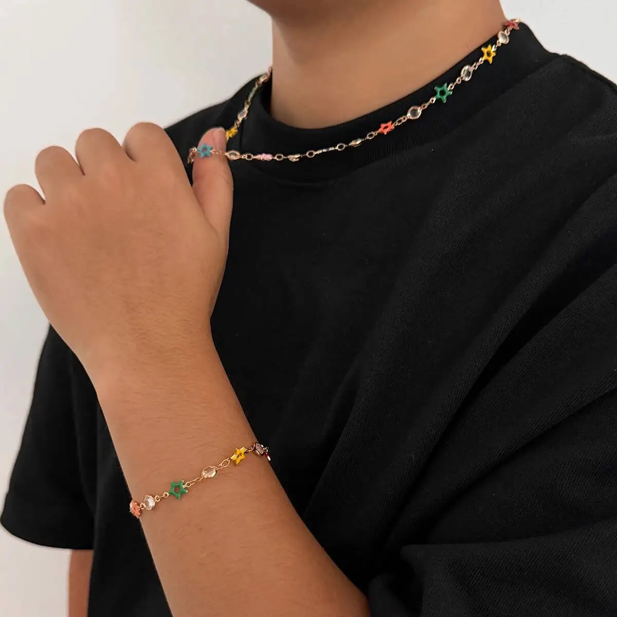 SHIXIN الهيب هوب الملونة ستار سلسلة قلادة سوار الرجال طقم مجوهرات Y2K قابل للتعديل قصيرة المختنق الإسورة الذكور المجوهرات هدية جديد