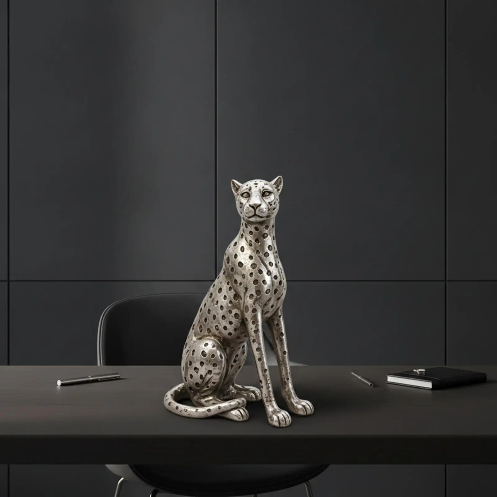 Resin Leopard Sculpture Silver Tone Modern Figurine Decorative Tabletop Statue for Living Room Entryway Office Display