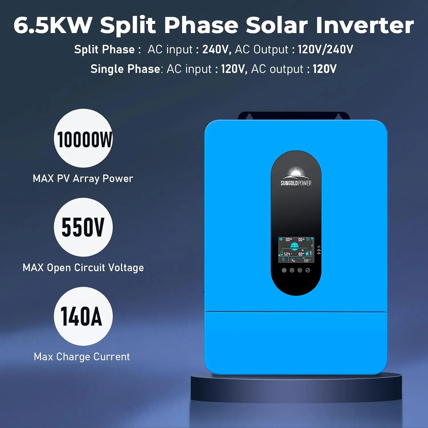 SUNGOLDPOWER 6500W 48V Solar Inverter, Split Phase,Built-in 2 MPPTs, Max 140A Charging, AC Input/Output 120V/240V(settable),Pure