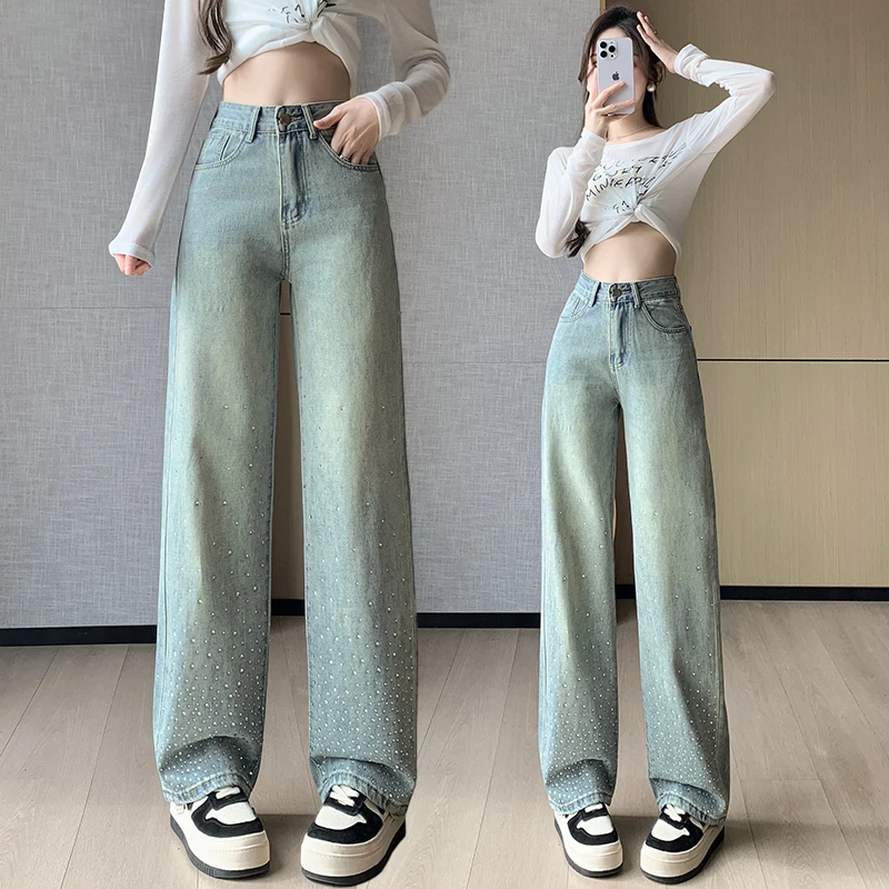 Women’s High Waist Gradient Hot‑Fix Rhinestone Wide‑Leg Jeans Retro Slimming Unique Design Straight‑Leg Denim Pants