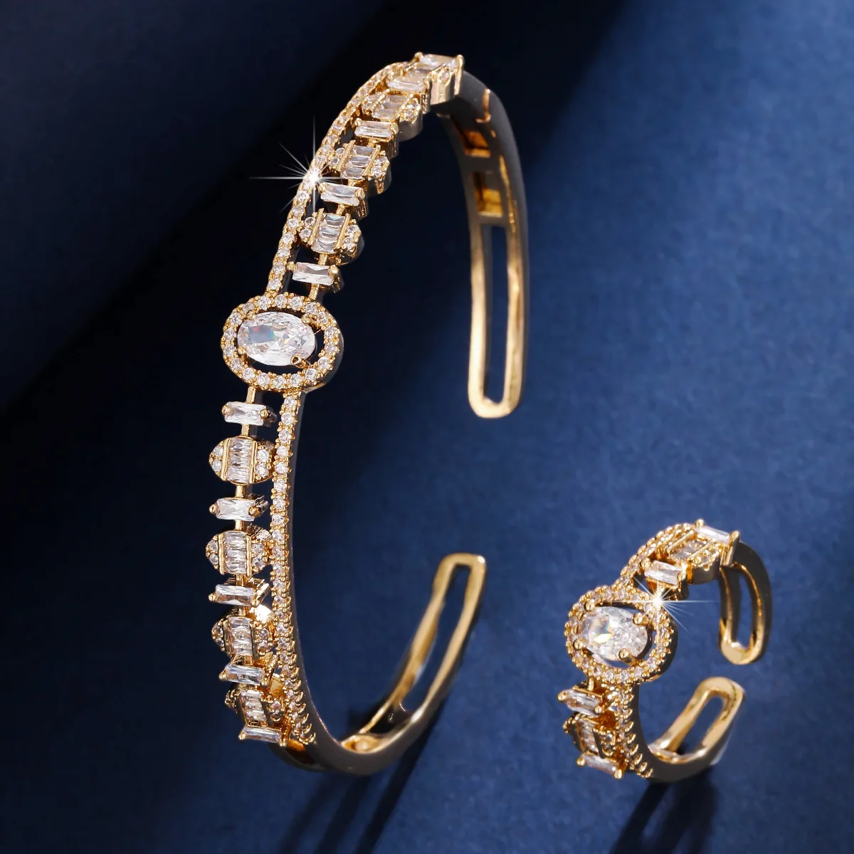 Fashion Unique Oval Surrounded Inlaid Baguette Zircon Jewelry Set, Open Bangle & Ring 2Pcs Set, Light Luxury Dinner Party Jewelr