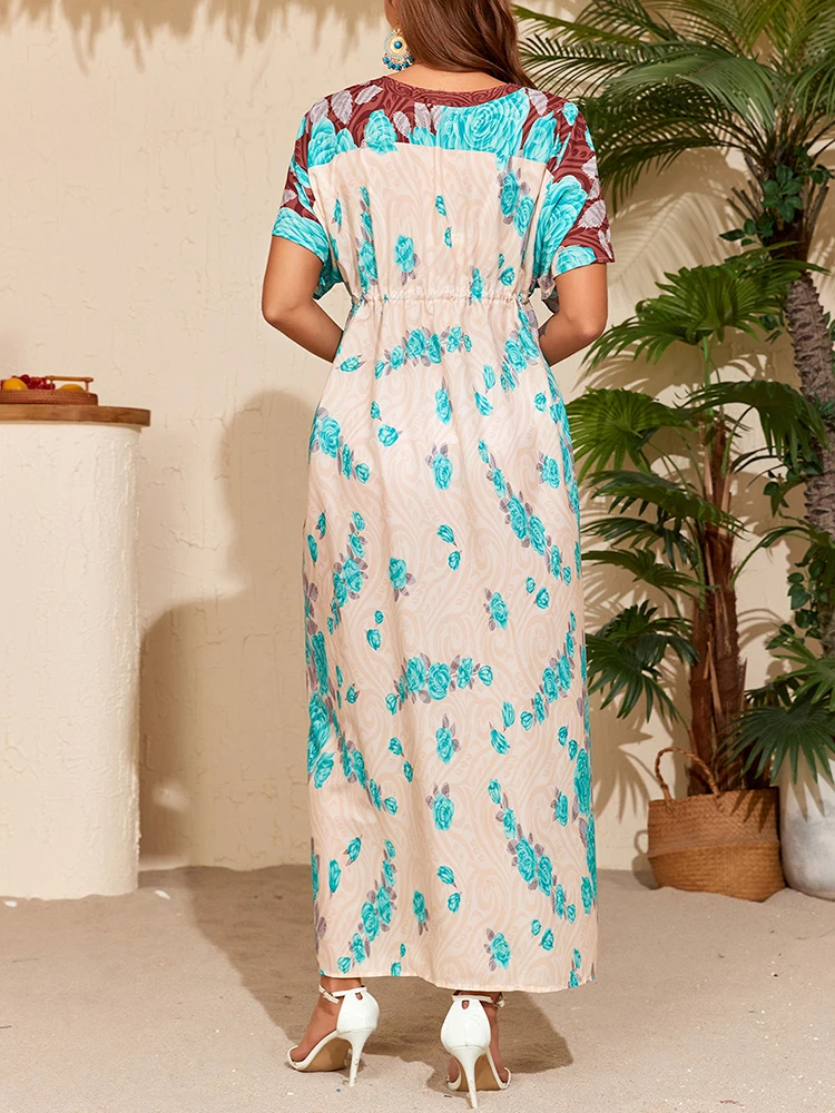 Letnia damska sukienka z krótkim rękawem, w stylu casual, wykonana z poliestru, nowa, modna, z nadrukiem, dekolt w serek, rozmiar uniwersalny.