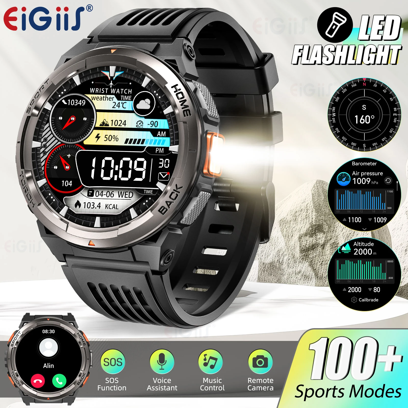 EIGIIS KE5 Smart Watch for Men with LED Flashlight with 530mAh Big Battery Compass Altitude Barometer SOS Alarm Fitness Tracker