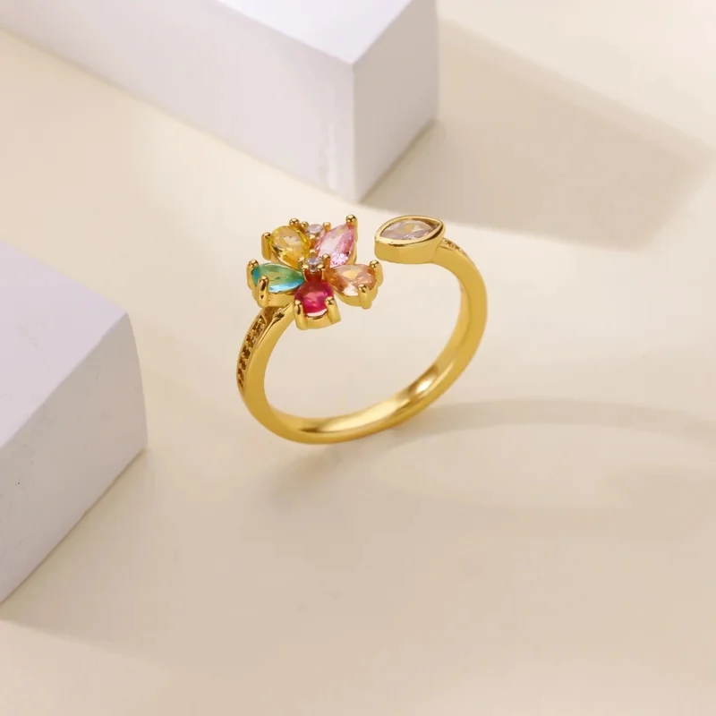 Luxury Rainbow Zircon Flower Heart Rings For Women Stainless Steel Gold Color Geometric Ring 2026 Fashion Wedding Couple Jewelry