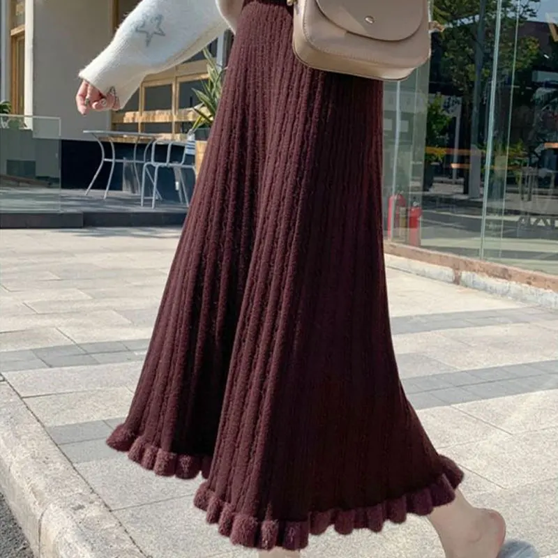 Korean Solid Color Knitted Skirt Women's Clothing Fashion Folds Autumn Winter New Casual Screw Thread A-Line Elastic Long Skirts