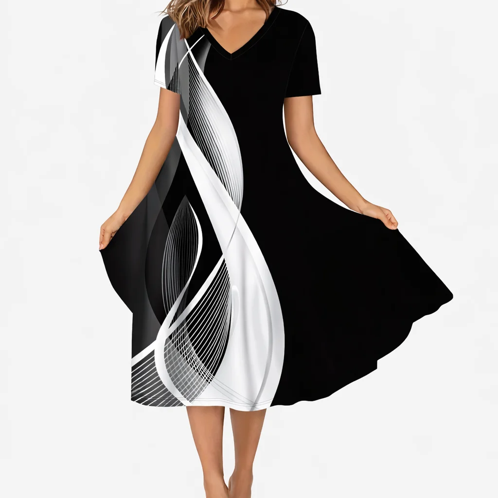 Damen-Kleid mit V-Ausschnitt, A-Linie, kurzärmelig, lässig, lockerer geometrischer Druck, knielang, Sommer-Strandkleid