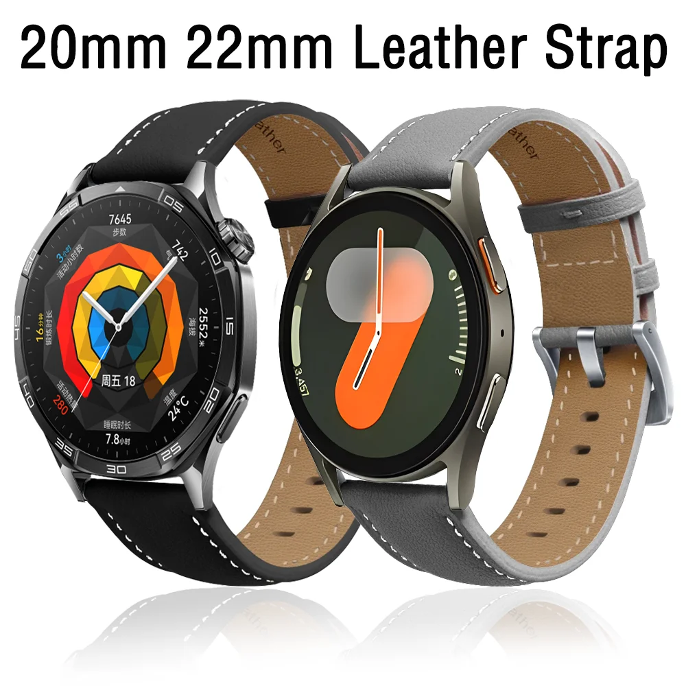 Кожаный ремешок 20 мм 22 мм для Samsung Watch 7 6 5 4 40 мм 44 мм Браслет Huawei Watch 4 3 GT5 GT4-3-2 46 мм Браслет Amazfit GTR 4