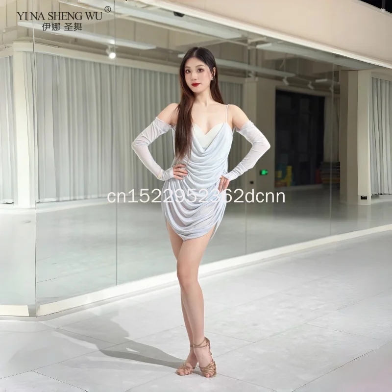 

Платье для латинских танцев для взрослых, женская плиссированная юбка с воротником-халтер и разрезом, женская сексуальная танцевальная одежда с открытой спиной для выступлений на сцене