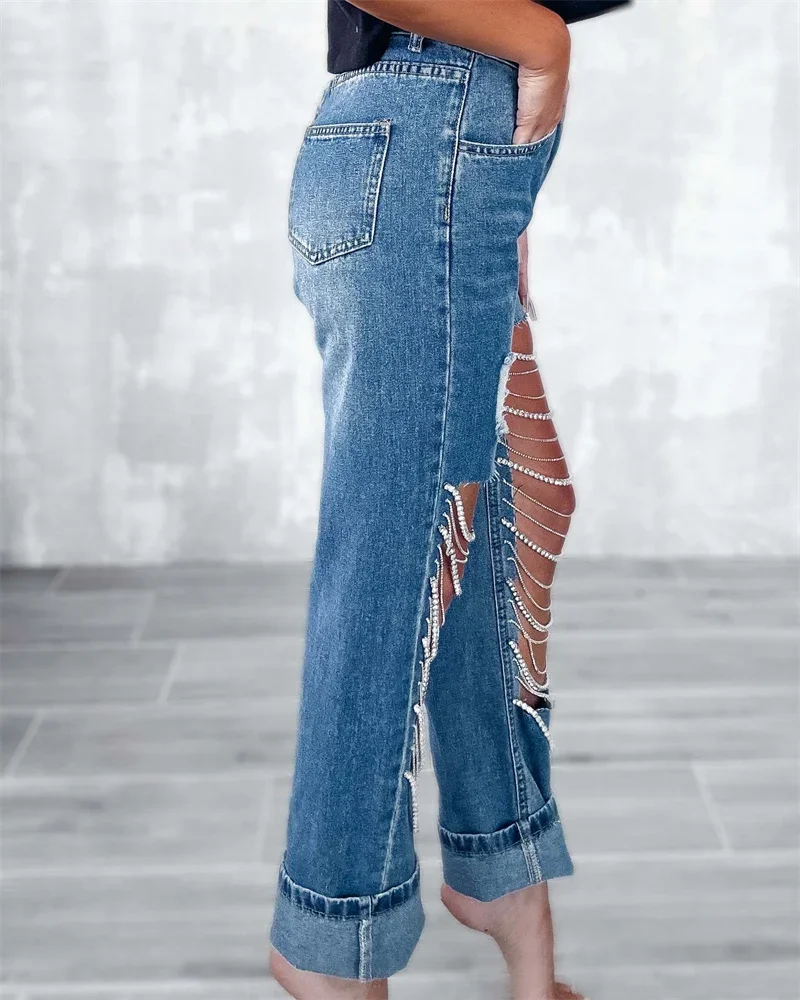 Fashion Big Broken Holes Chain Splicing Decoration Straight Jeans Women New Centre Hollow Out Denim Pants Female Casual Trousers