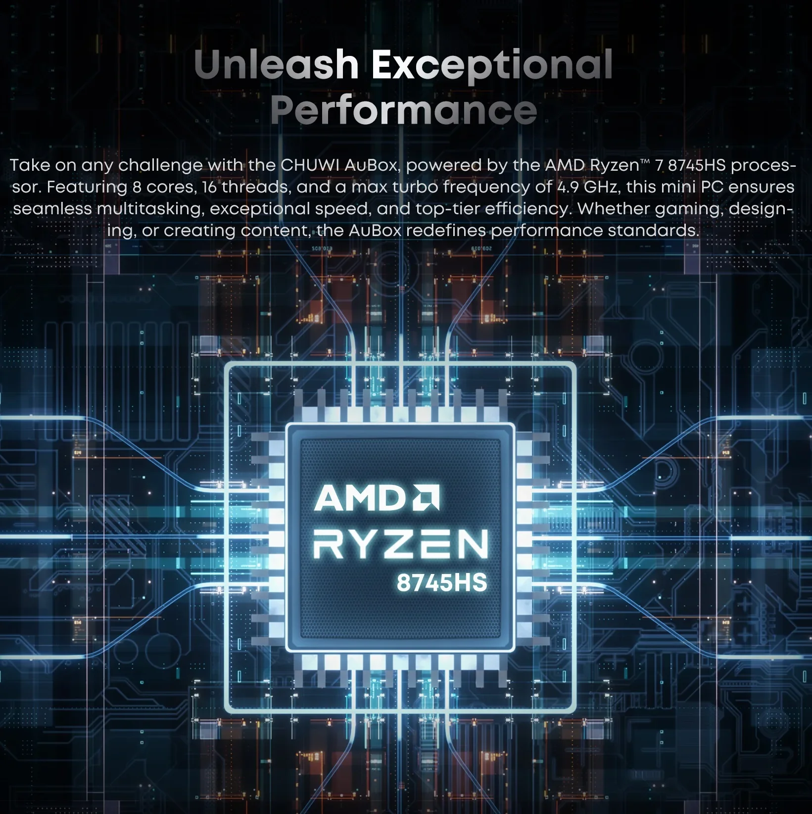 Vesa 스탠드가 포함된 CHUWI AuBox AMD Ryzen 7 8745HS 미니 PC 16GB DDR5 512GB SSD Windows 11 Pro 4K 디스플레이 AI-Link WiFi 6 BT 5.1