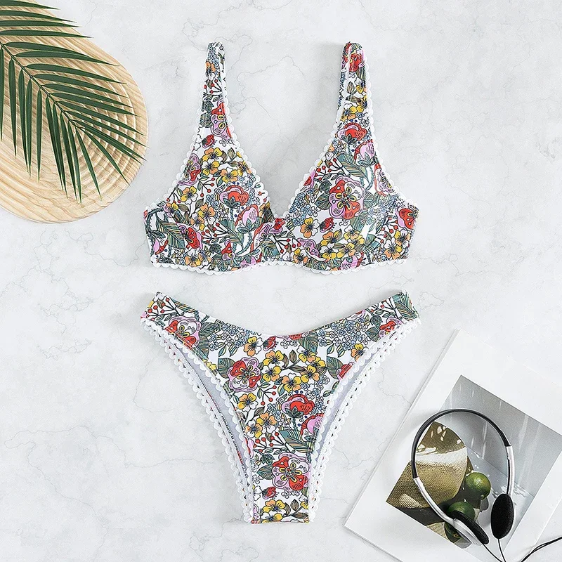 

Elegant Floral Pattern Swimsuit Women Bikini Push Up Patchwork Lace Edge Triangle Thong Bikini Set 2025 New Sexy Lady Beachwear