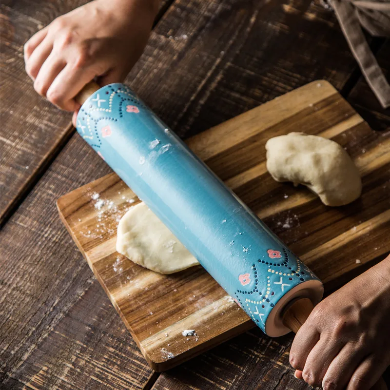 Nordic Creative Ceramic Rolling Pin Large Kitchen Dough Roller Drum Activity Non-stick Dumplings Rolling Rod Pastry Baking Tools