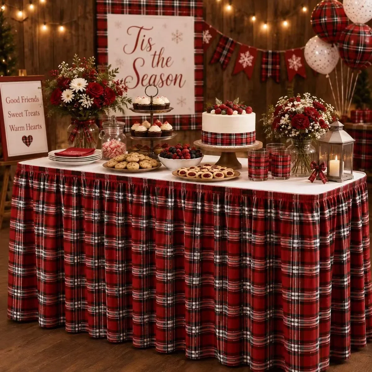 Table skirt: 1 piece. 2D flat printing. Featuring a red and black Christmas check pattern. Classic American festive style.