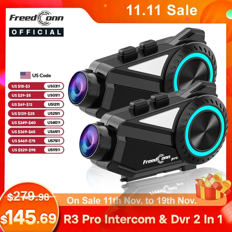 

Freedconn R3 Pro Motorcycle Helmet Headset Group Intercom WiFi App 1440P Motorbike Dash Cam Motor Auto DVR