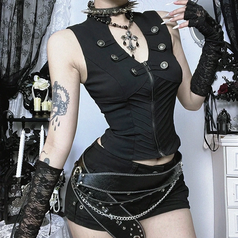 

2026 New Retro Dark Harajuku Button Sleeveless Crop Tops Mall Gothic Zipper Skinny Tank Top Women's Techwear Punk Bottoming Vest