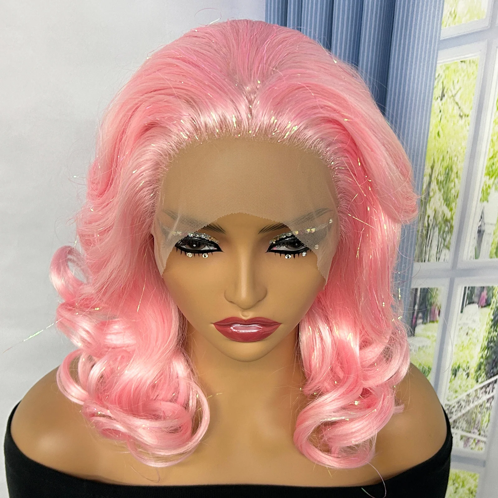 Body Wave Pink Lace Frontal Synthetic Wigs Short Bob Wig Lace Front HD Transparent Lace Wig with Highlight for Women Cosplay Wig