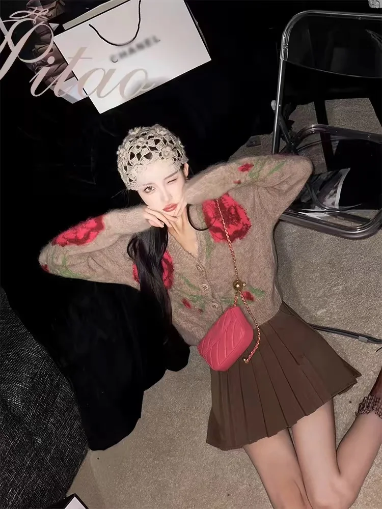 المألوف روز طباعة سترة مشغولة من الصوف المرأة فضفاضة تناسب الخامس الرقبة الخريف الشتاء نمط جديد تخفيف سترة سترة F494 #4