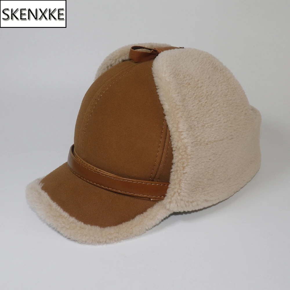 High Quality 2025 Winter Leather Hat Men Fur Lamb Wool Warm Thick Earflaps Bomber Hats Men's Baseball Cap Russian Hat