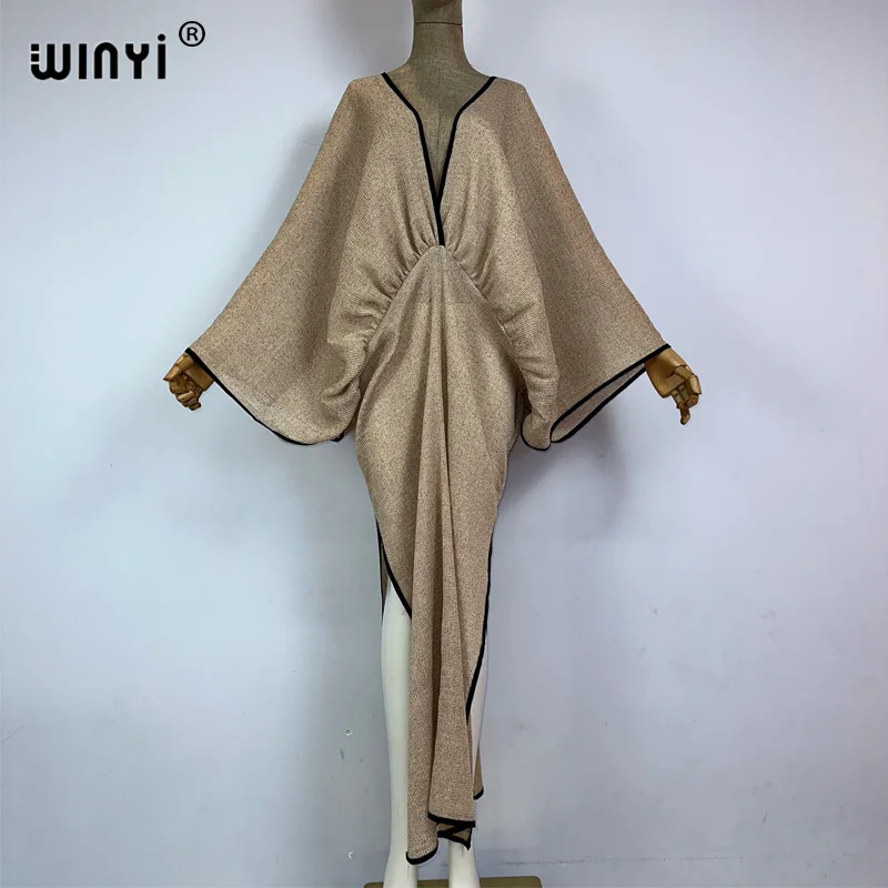 WINYI 2023 Solid color pleated edge deep V sexy maxi long dress Women batwing Sleeve holiday elegant evening dress fashion robes