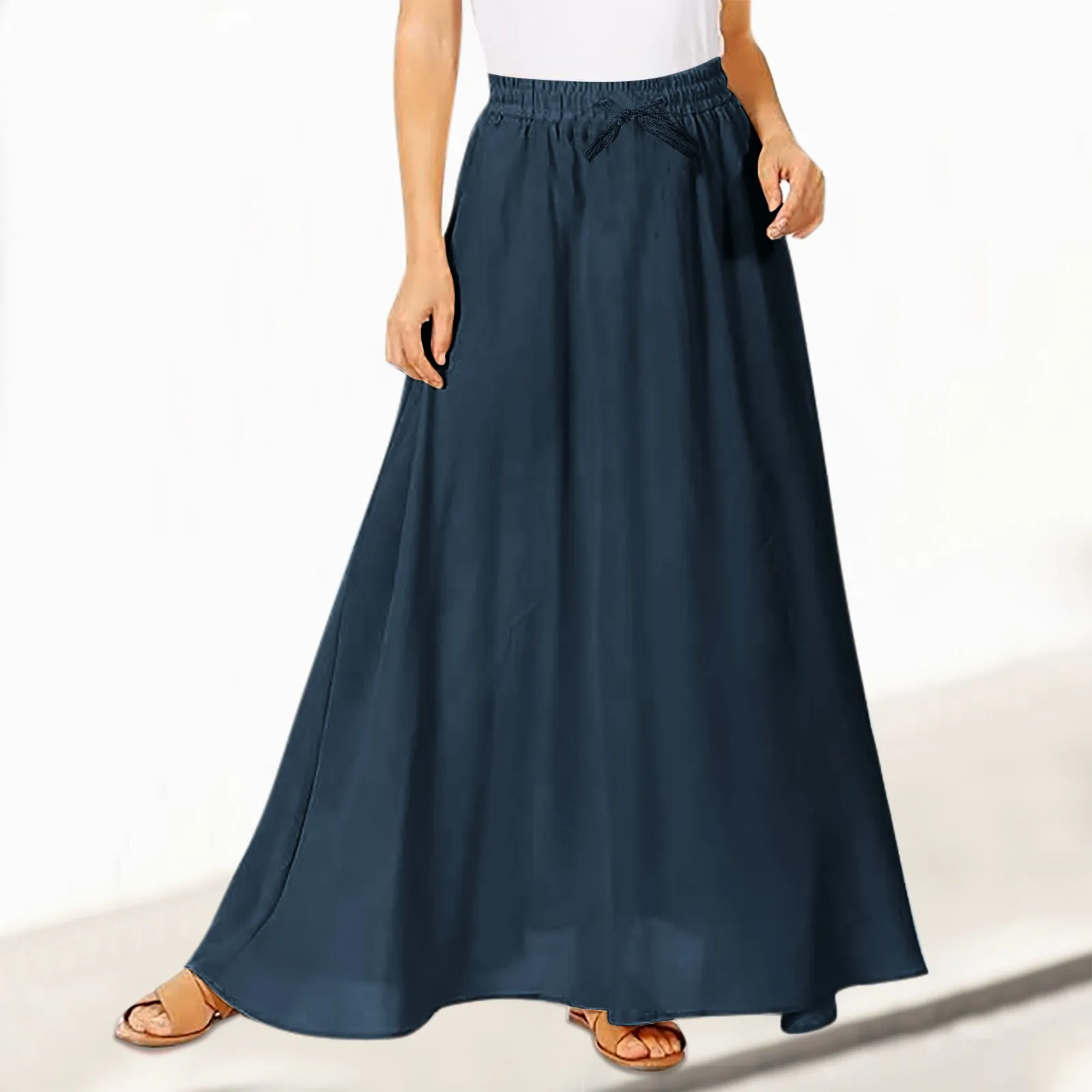 

2024 Spring Summer Casual Skirk For Women Solid Color Elastic Mid Waist Elegant Skirk Femlae A-Line Long Slirt Ladies Clothing