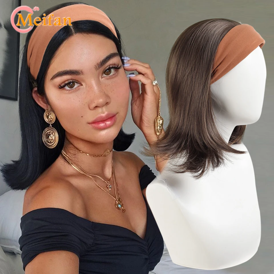    عصابة رأس قصيرة مستقيمة من القماش نصف باروكة للفتيات قطعة شعر صناعية منفوشة طبيعية مع مشبك ربطة شعر في وصلة شعر