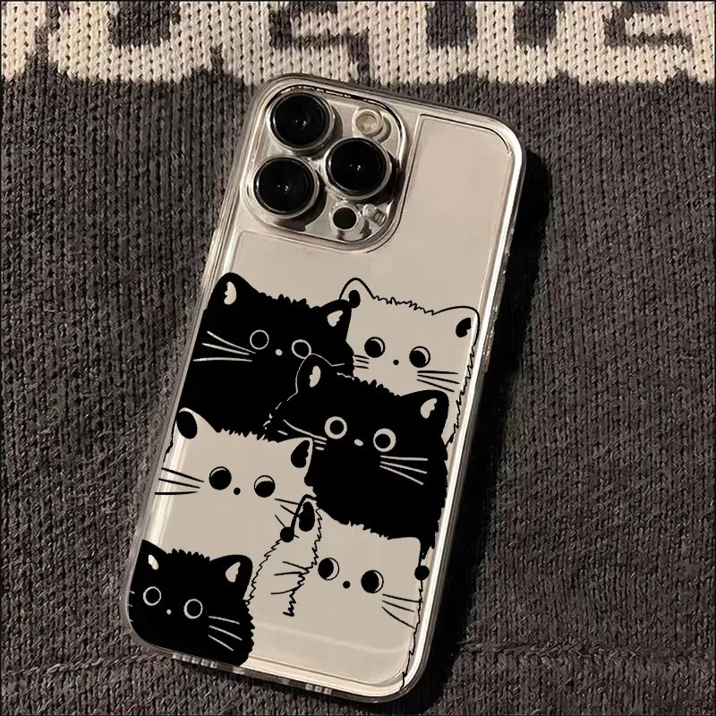 

Черно-белый чехол для телефона с мультяшным котенком для iPhone 16, 15, 14, 13, 12, 11 Pro Max XR XS MAX 7, 8 PLUS MINI INS, прозрачный чехол