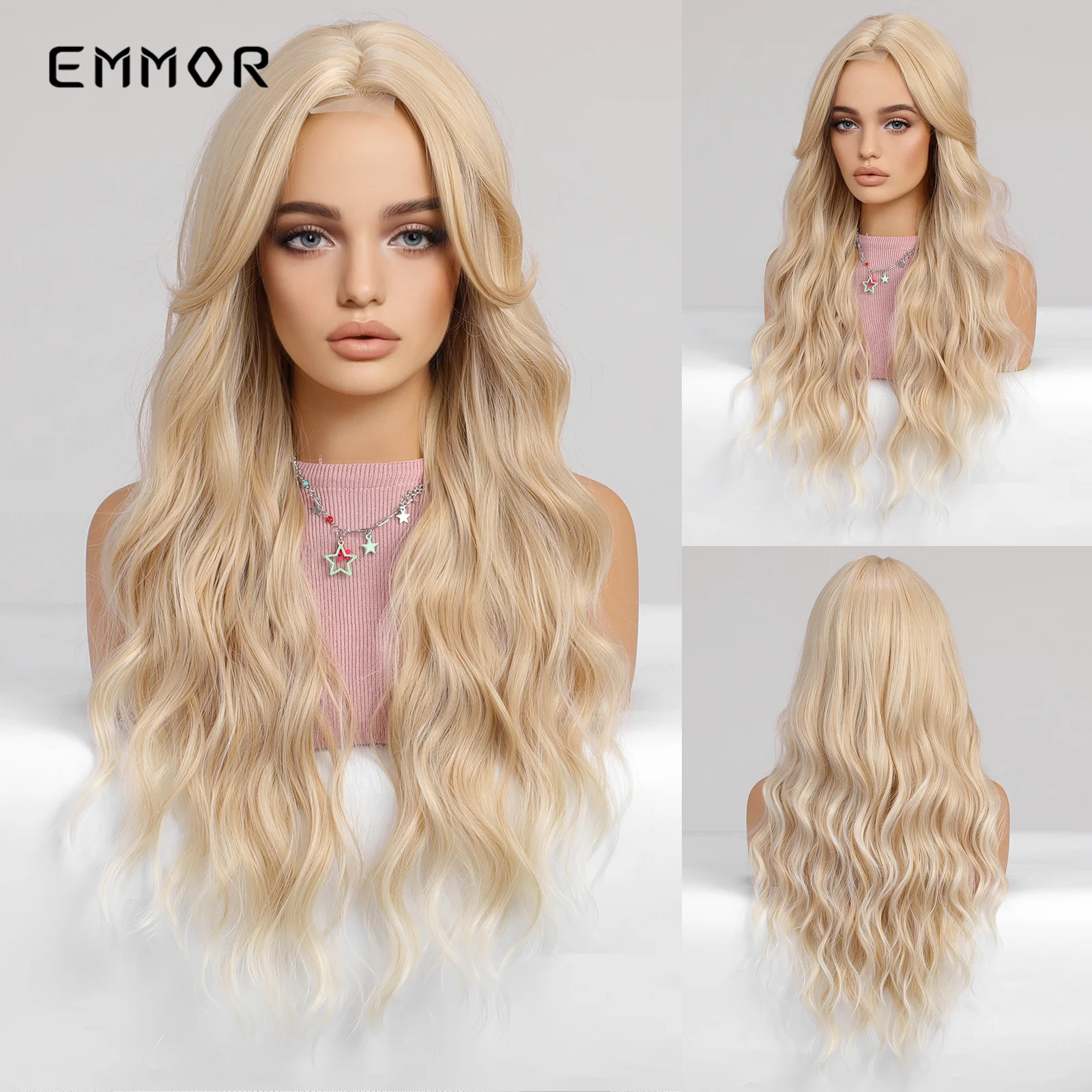 

Emmor Synthetic Blonde Long Wavy Wigs with Bangs for Women Cosplay Natural Light Hair Wig High Temperature Fiber