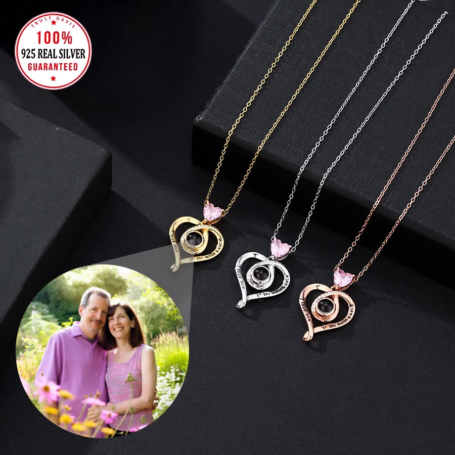 S925 Silvery Custom Photo Projection Necklace Pink Zircon Heart Pendant For Mom Girlfriend Valentine Mother Day Romantic Gifts