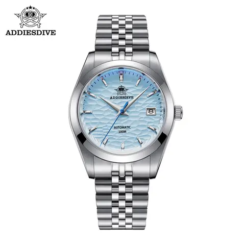 Reloj mecánico automático ADDIESDIVE para hombre, reloj de pulsera de ocio de negocios europeo americano, reloj luminoso plateado de lujo resistente al agua