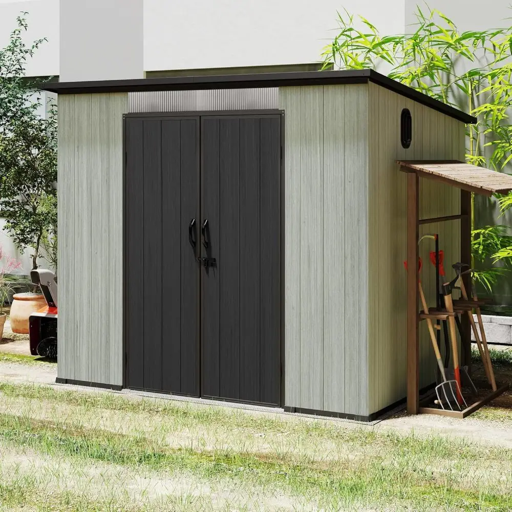 6x8FT Outdoor Resin Storage Shed with Transparent Windows & Louvered Vents, Plastic Tool Shed with Double Lockable Doors & Sloping Roof, Outside Garden Shed for Backyard, Patio, Lawn, Gray