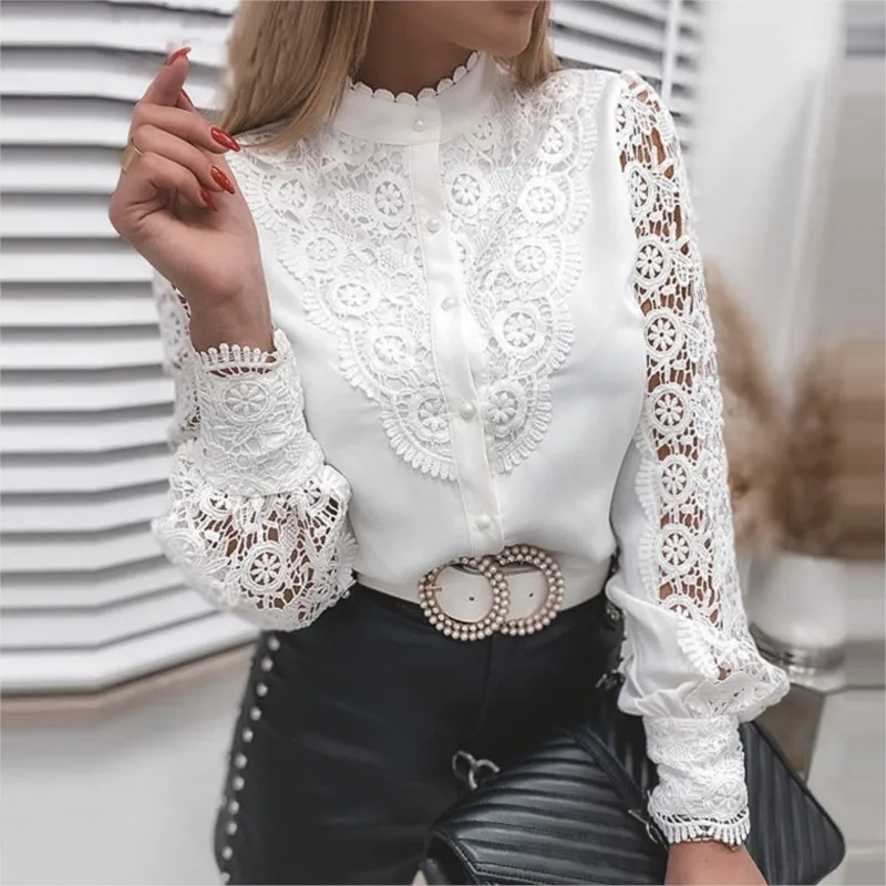 2024 Summer Fashion New Women\'s White Lace Long Sleeve Hollow Out Shirt Elegant Solid Color Spliced Single Breasted Blouse Blusa