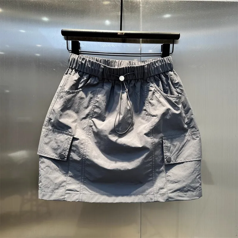 

2025 Gray Drawstring Big Pocket Tooling Skirt Women Short Mini Skirt