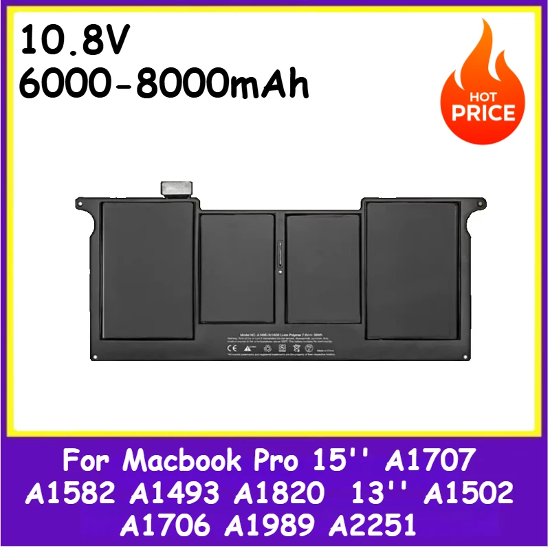 

Replacement Laptop Battery 10.8V 6000-8000mAh for Macbook Pro 15'' A1707 A1582 A1493 A1820 13'' A1502 A1706 A1989 A2251