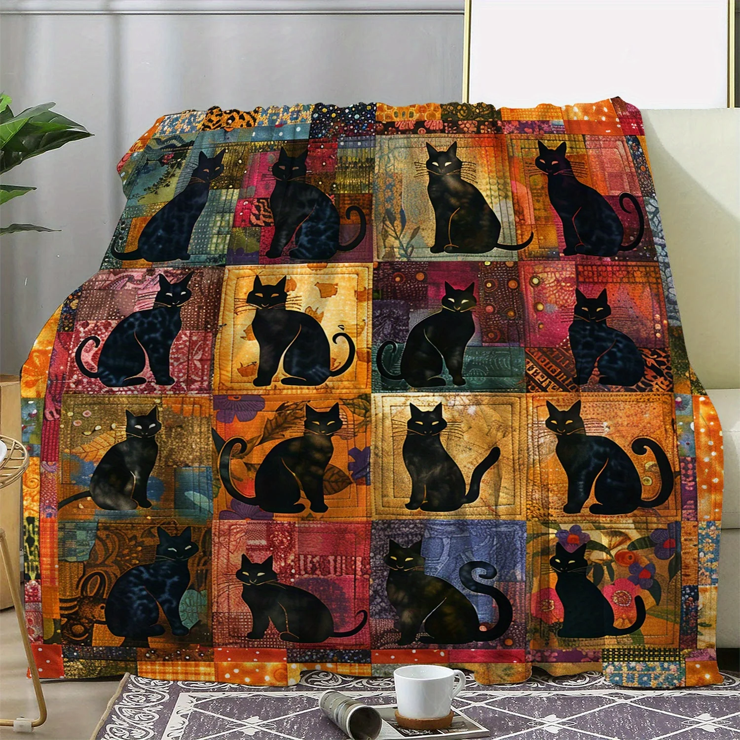 Mystical Black Cat Patchwork Quilted Blanket - Cozy and Decorative Home Essential with Vibrant Colors and Unique Patterns