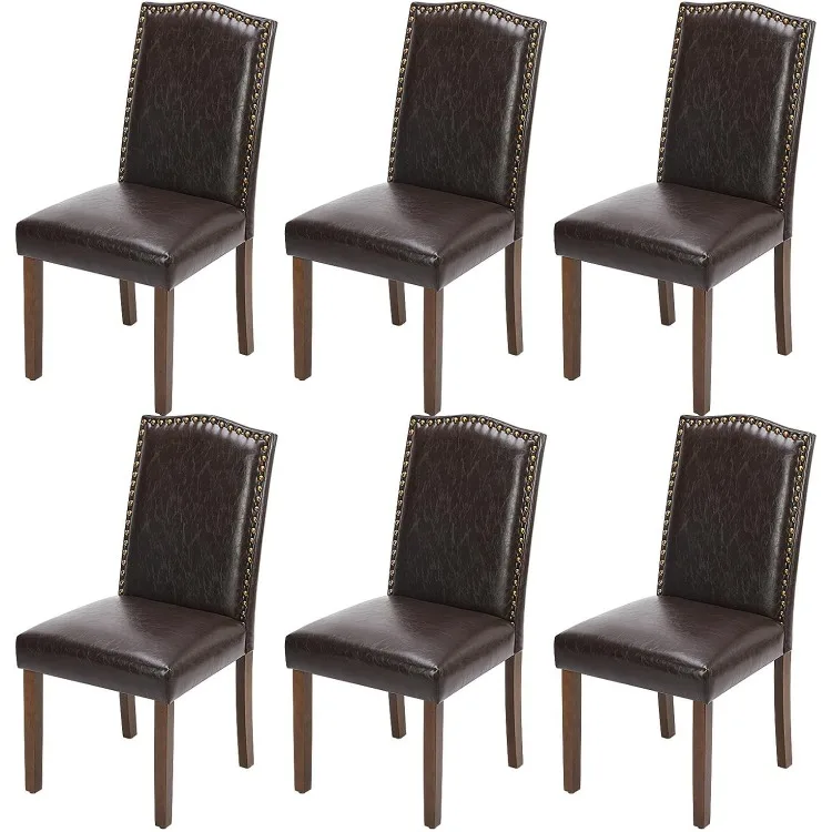 

Upholstered Dining Chairs Set of 6, Modern Upholstered Leather Dining Room Chair with Nailhead Trim and Wood Legs, Mid-Century