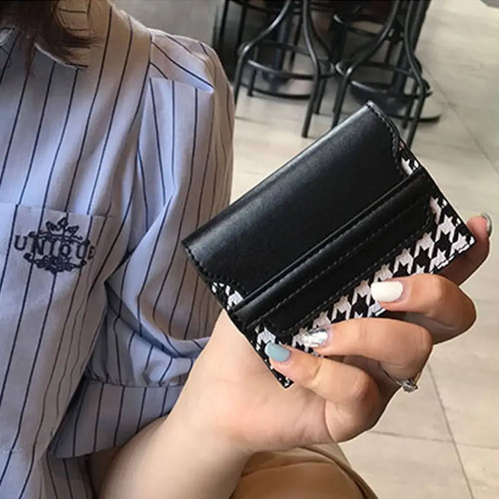 Fashion PU leather Houndstooth Card Bag Card Pocket Clutch Bag Card Holders Clutch Korean Style Coin Purse Short Wallet Women