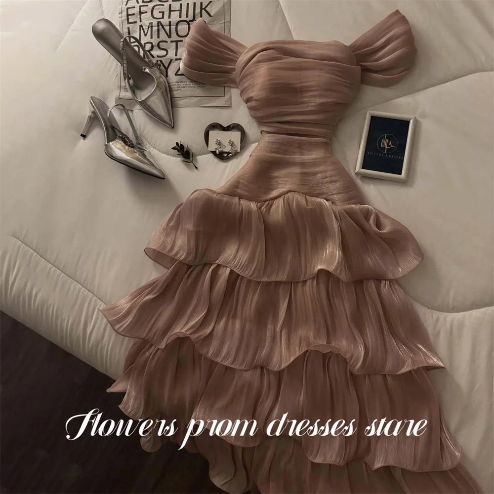 

Flowers Dusty Rose Evening Gown Off the Shoulder Prom Dresses A Line Layered Wedding Evening Dress robes de soirée Customized