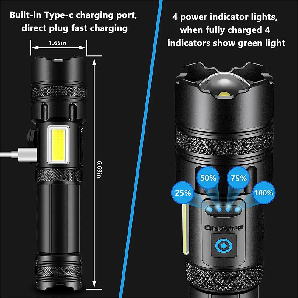 USB Rechargeable High Power LED Flashlight Waterproof Powerful Lantern Tactical Torch Long Range Strong Light Lamp Self Defense