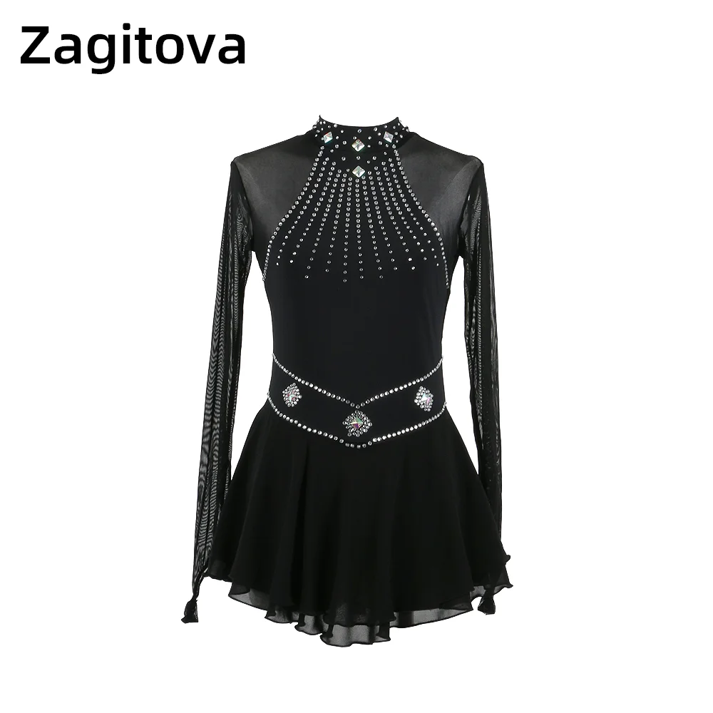 

Zagitova Figure Skating Dress Women Girls Ice Skating Skirt Performance Competition Mesh Skirt Costume Sleeveless Black